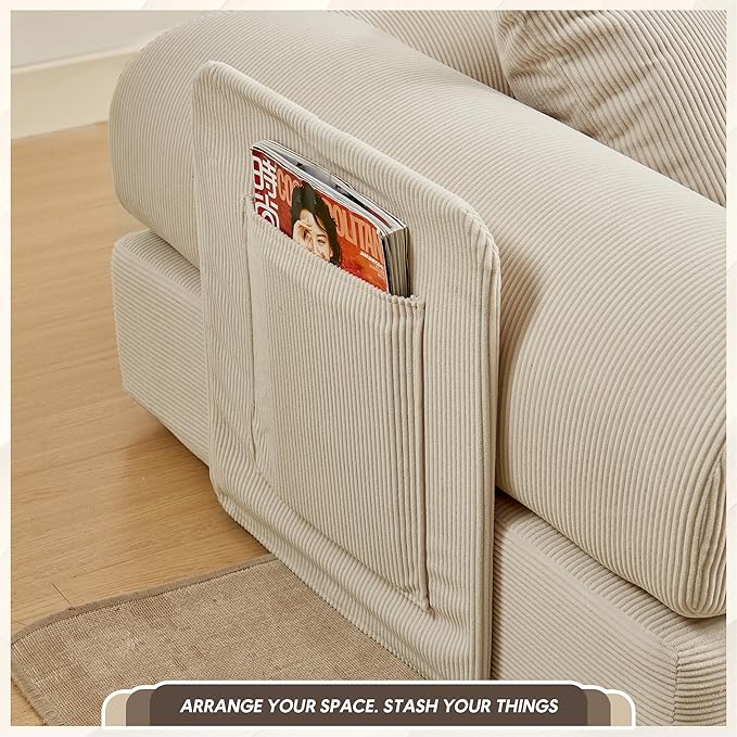 L Shaped Convertible Modular Sofa Bed with Cylindrical Pillow &amp Reversible Chaise Corduroy Folding Floor Sofa Couch Bed with Fixed-Shape Frame &amp Storage Pocket for Living Room Beige