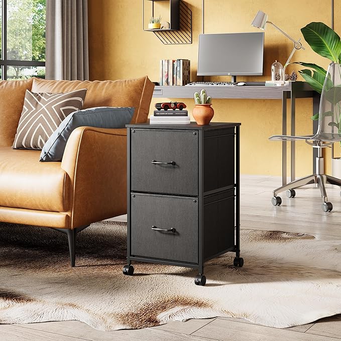 DEVAISE 2 Drawer Mobile File Cabinet Rolling Printer Stand Fabric Vertical Filing Cabinet fits A4 or Letter Size for Home Office Black