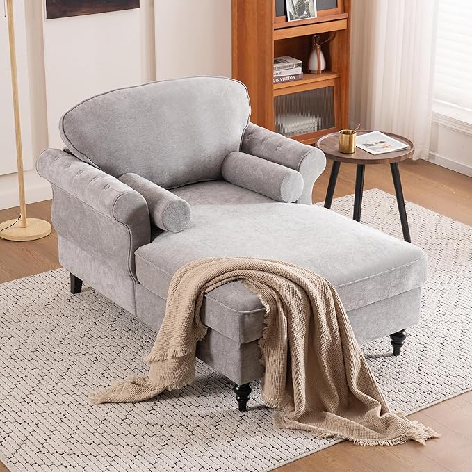 59.3 D Chaise Lounge Chair IndoorModern Chenille Upholstered Recliner Sofa with 2 Rolled PillowsComfy Sleeper Chair Bed for Living Room Bedroom Office(Light Grey 1 Seat)