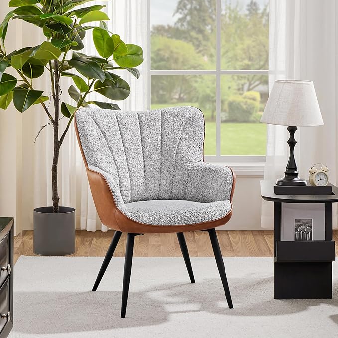 Topeakmart Modern Accent Chair Faux Leather Armchair with Boucle Fabric High Back and Mental Legs for Living Room Bedroom Gray/Retro Brown