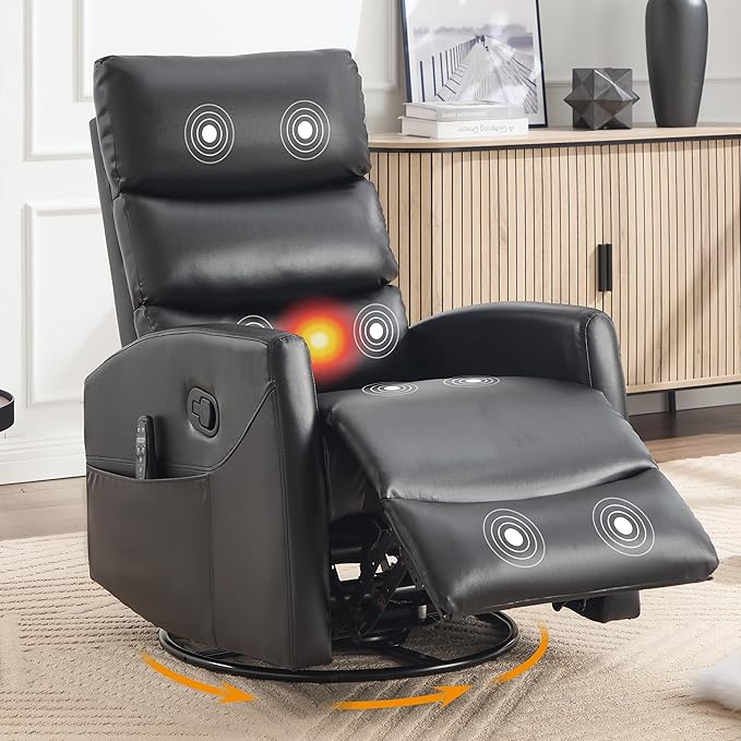 Manual Swivel Rocker Recliner Chair for Adults Overstuffed Reclining Glider Chair for Nursing with Vibration Massage &amp Heat Living Room Rocking Recliner 3-Stage backrest Faux Leather Black