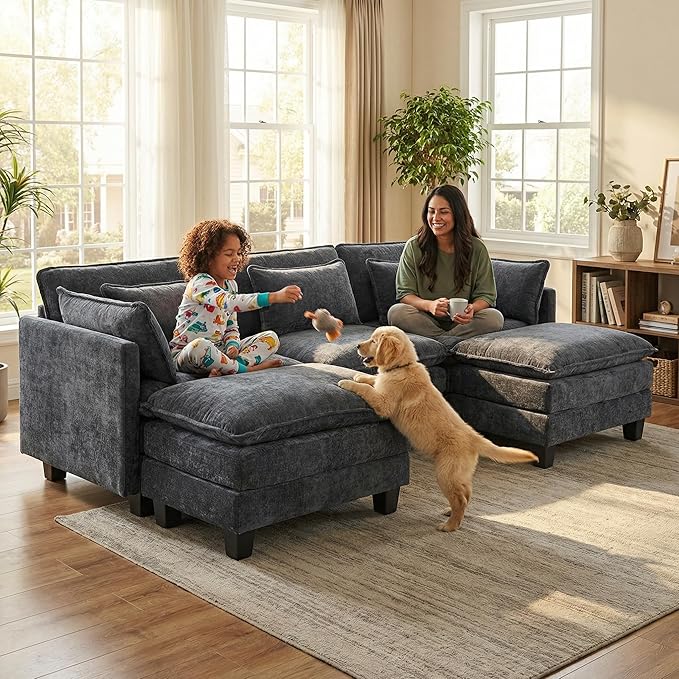 Amada Sectional Couches for Living Room 111.5-U Shape Comfy Cloud Modular Sectional Sofa 5-Seater Chenille Deep Seat Sofa Sleeper with 2 Movable Ottomans&ampThrow Pillows (Grey) | Chenille