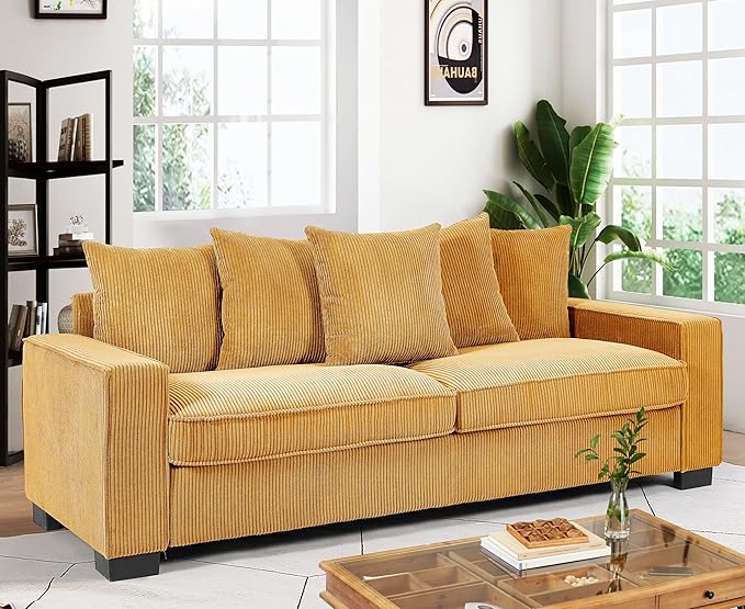 Luxe Corduroy Sofa with 5 Matching Toss Pillows Sleek Design Spacious and Comfortable 3 Seater Couch for Modern Living Room 88 Wide Ginger