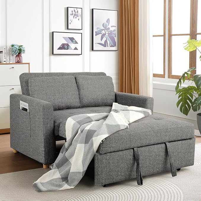 SEJOV Sleeper Sofa Bed 3-in-1 Convertible Sofa Chair Linen Fabric Pull Out Couch Bed Loveseat Sleeper with Spring Support Adjustable Backrest 2 Seater Recliner Chair for Small Space Dark Grey