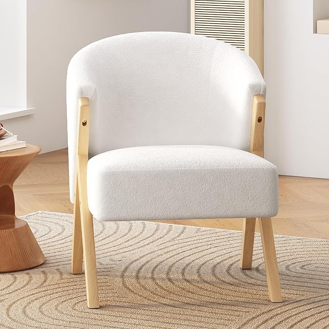 Merax Cozy Accent Barrel Chair Modern Comfy Beige Club Lounge Chairs Soft Upholstered Reading Armchair with Wood Frame &amp Curved Backrest for Living Room Bedroom Balcony White