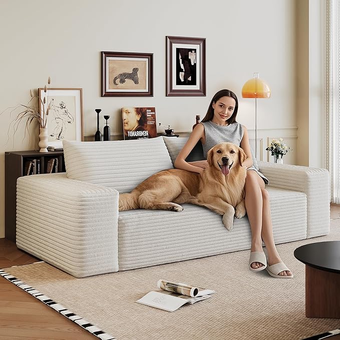63 Cloud Loveseat Sofa Couch No Assembly Required 2 Seater Foam Floor Couches Modern Apartment Deep Seat Sofas with Corduroy FabricSmall Love SeatWhite