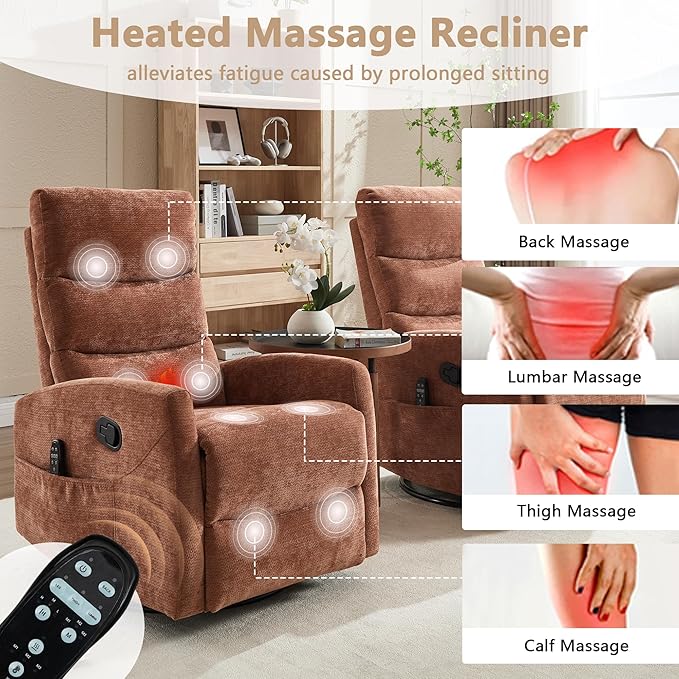cinkehome Small Swivel Rocker Recliner Chair with Heated Massage Upholstered Nursery Glider Recliner Chair High Back Side Pocket (Orange Chenille Fabric)