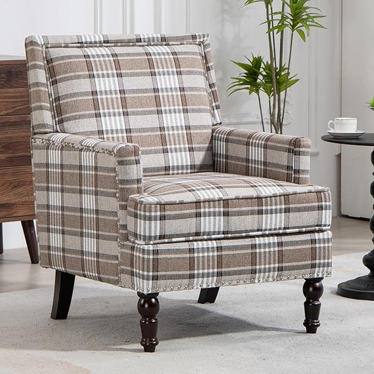 Yogald Vintage Plaid Accent Armchair Comfy Upholstered Reading Chair with Nail-Head Trim Farmhouse Sofa Chair Coastal Single Corner Chair for Living Room Bedroom Guest Room (Coffee Linen)