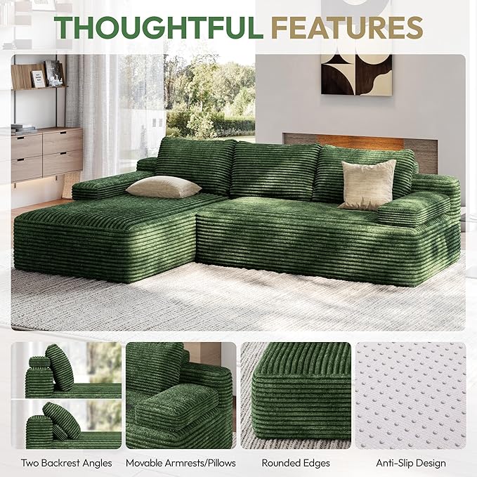 Yaheetech 110 Modular Sectional Sofa Corduroy Boneless Couch with Chaise L-Shape Cloud Couch with Detachable Pillows No Assembly Sofa for Living Room Green