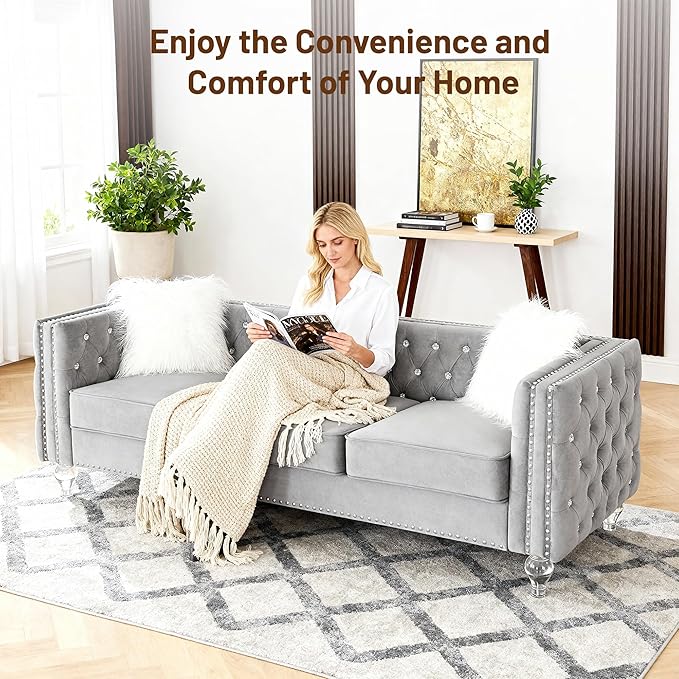 Luxury 3 Seater Sofa Couch with Acrylic Crystal LegsChesterfield 3-Seater SofasModern 83 Diamond Button Tufted 3 Seat Couches with Silver Nailhead Trim for Living Room (Gray 3 Seater)