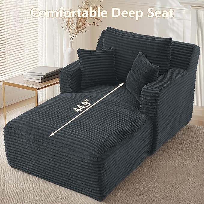 Oversized Chaise Lounge Chair Indoor Modern Corduroy Lounge Couch Comfy Upholstered Sleeper Sofa with Throw Pillows Fluffy Reading Chair Bed for Living Room Drak Gray