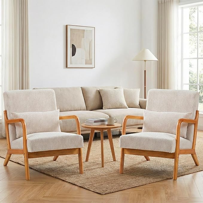 Accent Chair Comfy Arm Chair with Solid Wood Frame Upholstered Mid-Century Modern Chair for Living Room Bedroom Waiting Room Beige