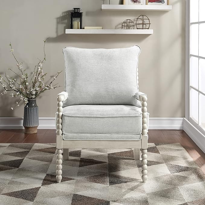 OSP Home Furnishings Kaylee Spindle Accent Chair with Antique White Wood Frame Smoke Grey Fabric