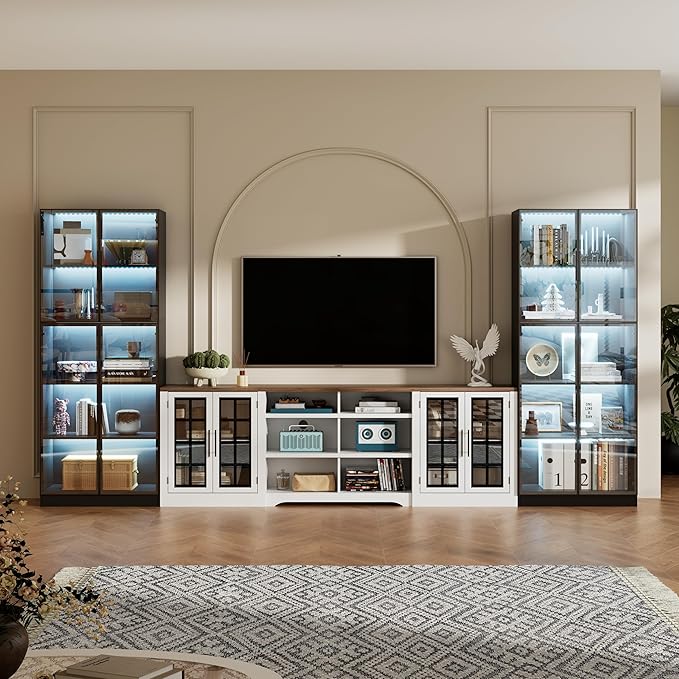 Farmhouse TV Stand for TVs up to 100Entertainment Center with 2 LED Storage CabinetsTV Console with Glass Doors and Adjustable Compartments for Large Space Living RoomBedroom