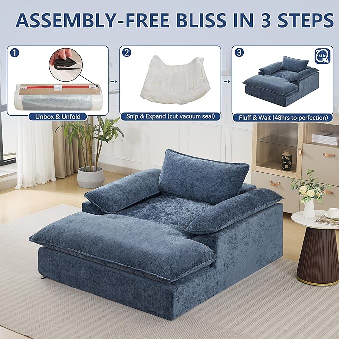 69 Oversized Boneless Chaise Lounge Chair Indoor No Assembly Blue Lounge Couch Chenille Upholstered Sofa Bed with Pocket Springs Reading Chair with Ottoman for Living Room Bedroom Office