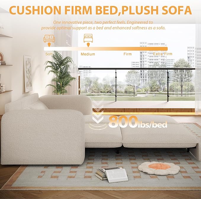 93 King Pull Out Sofa Bed Teddy Sleeper Sofa Couch Modern Wide Armrest 3 in 1 Convertible Futon Couches for Living Room Small Space Apartment Bedroom Office Beige