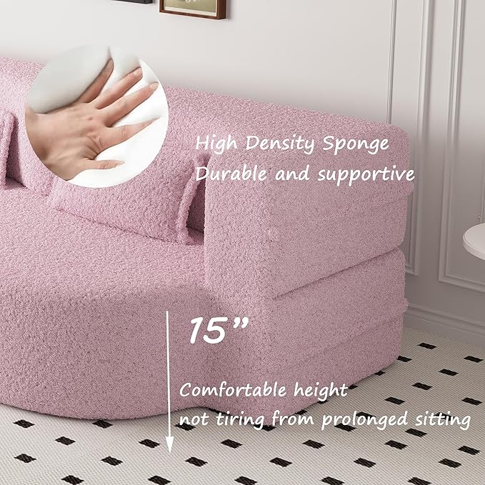 Hommoo Convertible Sleeper Sofa Bed Futon Sofa Folding Mattress Couch Full Size Teddy 2 in 1 Compression Floor Lounge Couch High Density Foam for Living Room/Guest Room/Apartment Pink