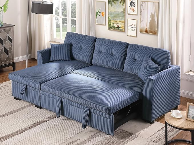 BEEY Sleeper Sofa 82 Corduroy Sectional Sofa Bed with Storage Chaise Convertible L Shaped Sofa Couch with Pull Out Bed for Bedroom Living Room Apartment Blue