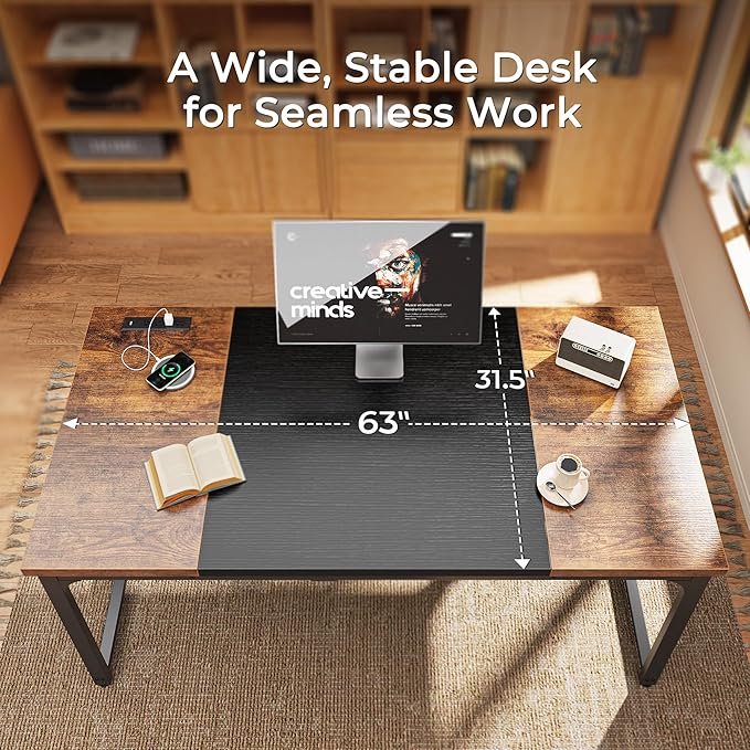 Huuger 63 x 31.5 inch Desk with Power Outlets &amp USB-C 1.2 Inch Thicker Desktop Robust Metal Tubes Deep Computer Desk Heavy Duty Office Desk Work Desk Rustic Brown and Black