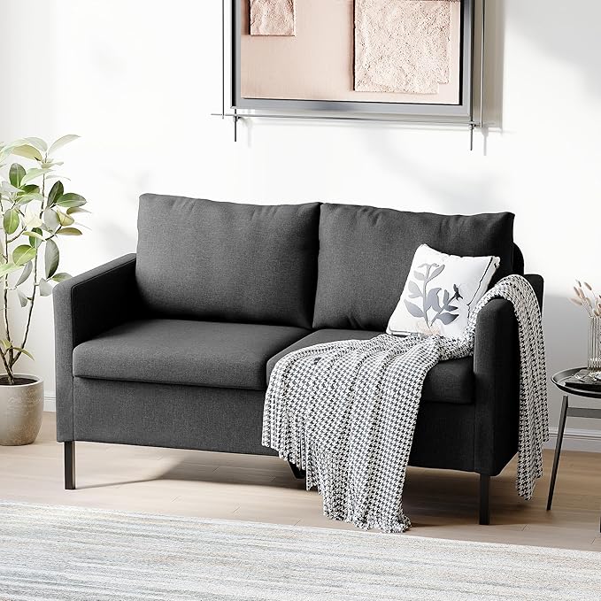 TYBOATLE Modern Linen Fabric Small Couches for Small Spaces Comfy Upholstered Love Seat for Bedroom 2 Seater Mini Couch for Apartment Dorm Office Dark Grey
