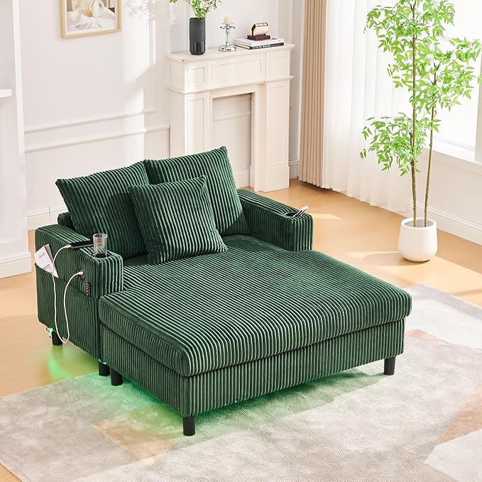 KEIKI 50 W Corduroy Oversized Recliner Single Sofa Couch with Deep Seat3 PillowsUSB ChargingCup Holder and Pocket for Bedroom