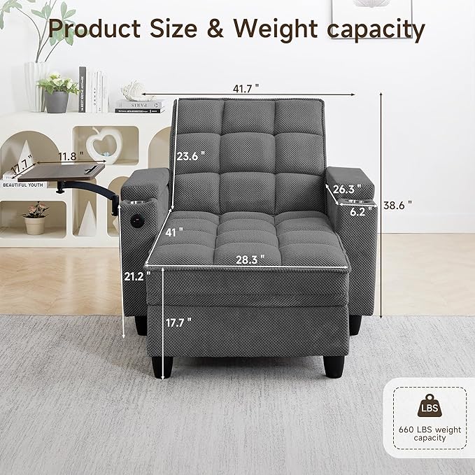 Modern Tufted Linen Fabric Chaise Lounge Sofa Chair with Rotating Side TableStoragePillowUSB Charging Ports and Adjustable Backrest Perfect for Living Room Small Spaces (12-Dark Gray)