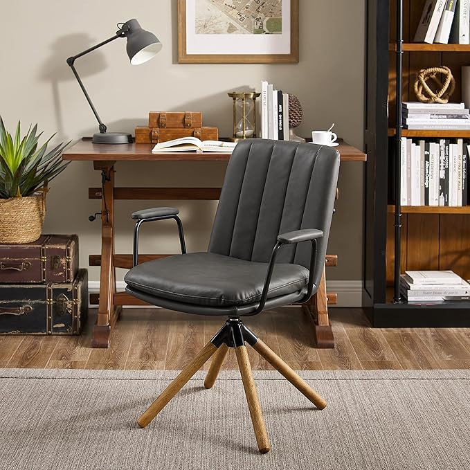 Art Leon Mid Century Modern Chair Oak Legs Swivel Accent Chair No Wheels Faux Leather Armchair for Small Spaces Home Office Living Room Bedroom Gray