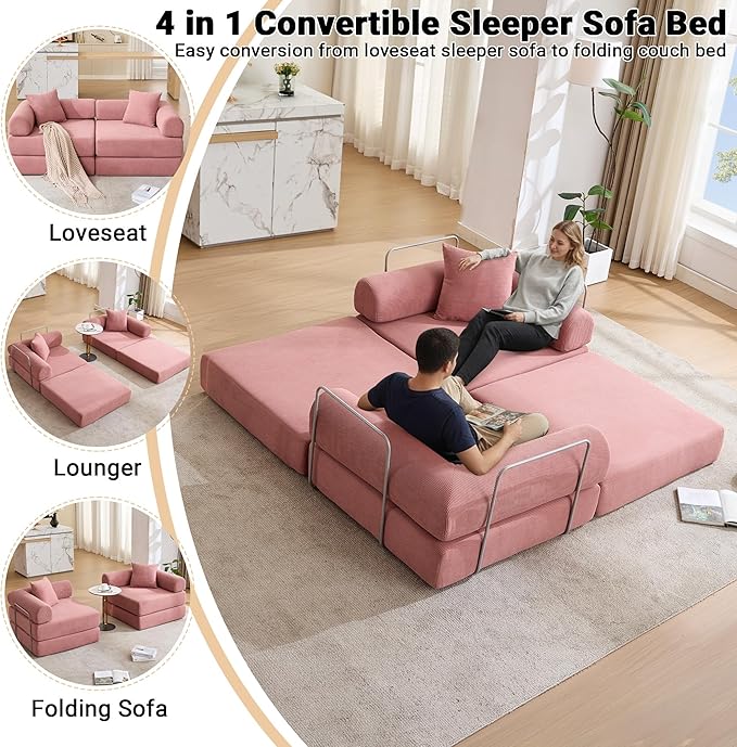 73 Convertible Sleeper Sofa Bed Corduroy Boneless Couch in a Box 4-in-1 Folding Mattress Loveseat Couch Comfy Modular Foldable Floor Sleeper Sofa with 2 Pillows and Fixed-Shape Frame (Pink 73)