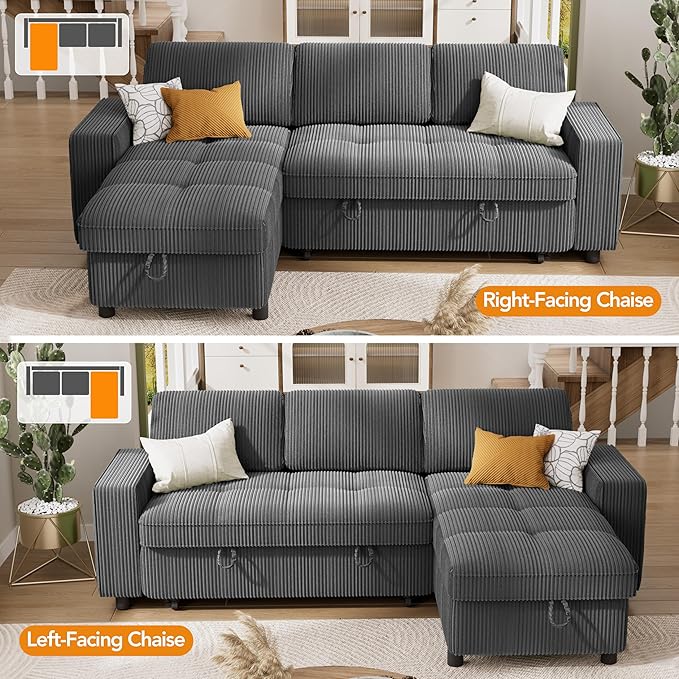 Vipbear Sectional Sleeper Couch with Pull Out Sofa Bed L Shaped Plush Corduroy Couch with Reclining Backrest &amp Storage &amp USB Charging Convertible Cloud Sectional Sofa Bed for Living Room Gr
