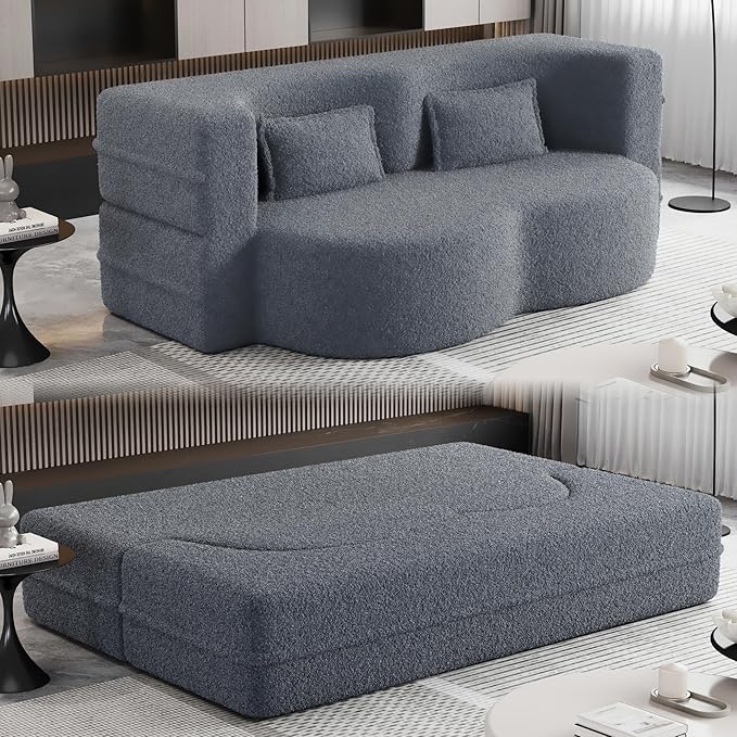 2 in 1 Folding Floor Couch Sofa Bed with 2 Pillows Teddy Fabric Foam-Filled Convertible Sleeper Sofa Full Mattress for Living Room Guestroom No Assembly Required Sofa Bed Grey