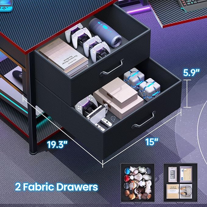 Itaar 79 Gaming Desk with 2 Fabric Drawers Long Computer Desk with Power Strip &amp LED Lights U Shaped Desk wtih Storage and Cup Holder Large Gaming Table for Bedroom Carbon Fiber Black+Red