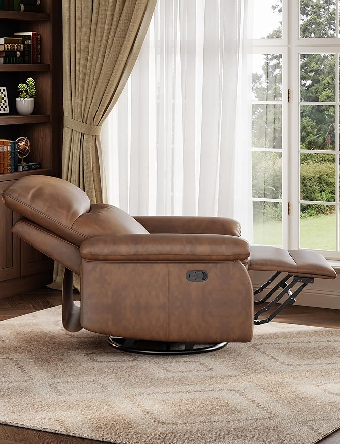 Manual Recliner Chair for Adults PU Leather Swivel Rocker Recliner with Padded Armrests Modern Upholstered Reclining Chair for Living Room or Nursery Orange