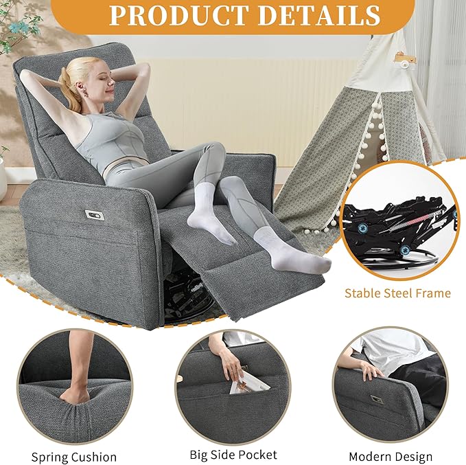 Power Swivel Rocker Recliner Chair for Nursery Upholstered Snowflake Velvet 270°Swivel Glider Rocker Chair with USB Ports Small Power Recliners for Small Spaces Living Room