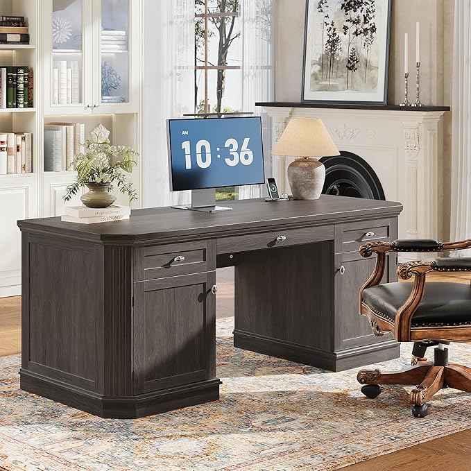 59 Classic Executive Desk with Storage Victorian Executive Desk with Charging Station Keyboard Tray 3 Drawers &amp 2 Cabinet Storage &amp 2 Pedestals Easy Assembly Black