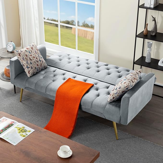 68.5” Futon Sofa Bed Convertible Futon Couch with Adjustable BackrestFolding Sofa Bed with 2 Pillows &amp Metal Legs Sleeper Loveseat with Armrest for Home Office (Dark Gray)