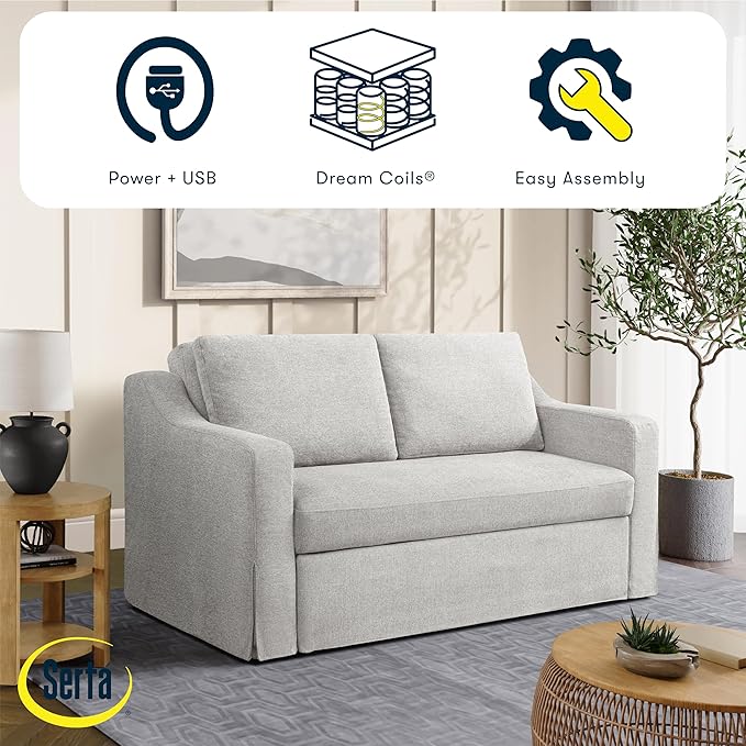 Serta Hawthorne 66.1 Slipcovered Convertible Sleeper Loveseat Full Size Dreamcoil Comfort FingerGuard Pinch Point Protection Polyester Tweed Fabric Linen
