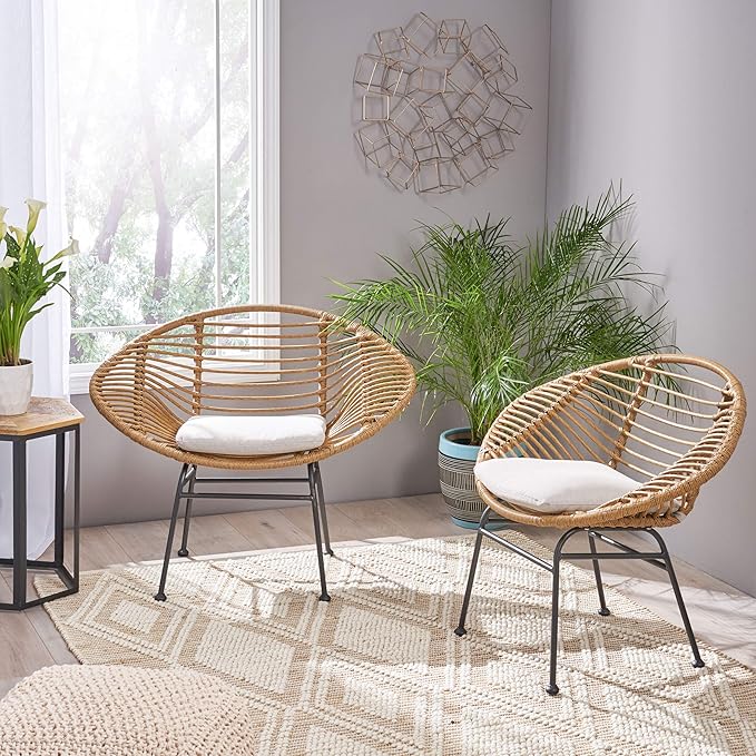 Christopher Knight Home Aleah Indoor Woven Faux Rattan Chairs with Cushions (Set of 2) Light Brown and Beige Finish