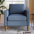 Classic Linen Armchair Accent Chair with Bronze Nailhead Trim Wooden Legs Single Sofa Couch for Living Room Bedroom Balcony Navy Blue