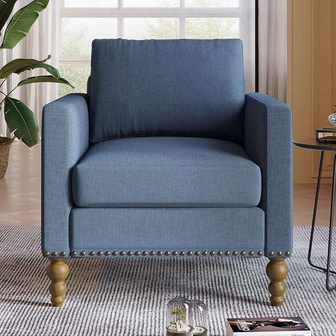 Classic Linen Armchair Accent Chair with Bronze Nailhead Trim Wooden Legs Single Sofa Couch for Living Room Bedroom Balcony Navy Blue