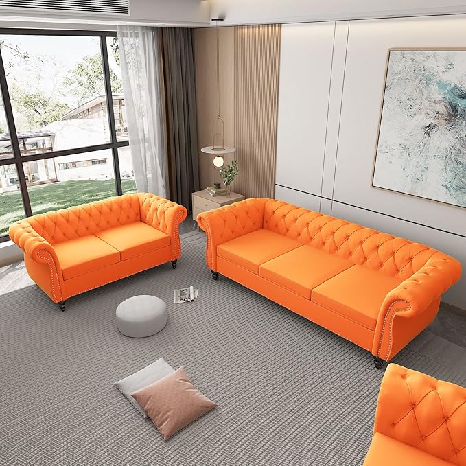 AVZEAR 2-Piece Living Room Sectional Sofa Set Upholstered Sofa Modern Sofa Couches Set Style Button Tufted Velvet Chesterfield Sofa for Living Room Apartment 2+3 Seat Orange