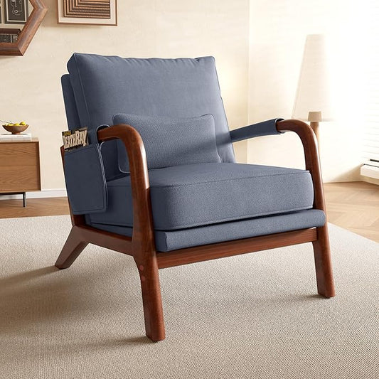 Mid Century Modern Chair Upholstered Lounge Arm Chair with Solid Wood Frame Comfy Accent Chair for Living Room Bedroom Reading Reception Grayish Blue