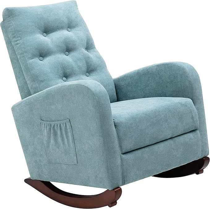 Cozy Linen Reclining Rocking Chair with Side Storage Pocket Comfortable Button Tufted Rocker Elegant and Functional Rocking Recliner Chair Ideal for Living Room &amp Nursery Mint Green