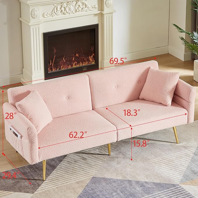 Pink Futon Sofa Bed Loveseat with Adjustable Backrest and Armrests Teddy Couch with Pillows and Side Pocket for Small Spaces Living Room Apartment Or Office (Pink)