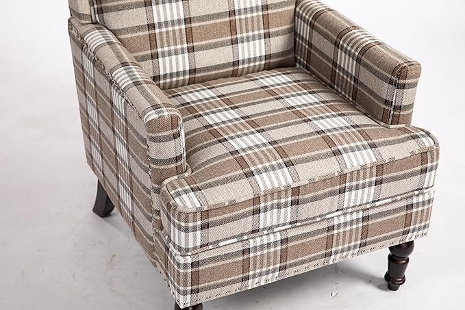 KEIKI Vintage Plaid Accent Chair with Nailhead Trim Upholstered Lounge Armchair Mid Century Modern Style for Bedroom or Office