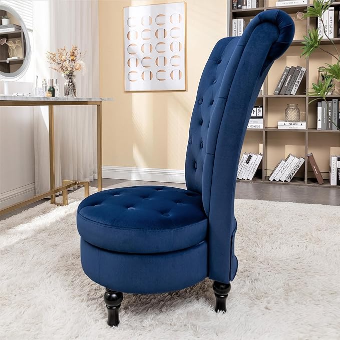 Royal High-Back Velvet Accent Chair for Vanity with Storage and Luxurious Upholstery Retro Design and Versatile Usage for Living Room Bedroom Lounge and Office Dark Blue