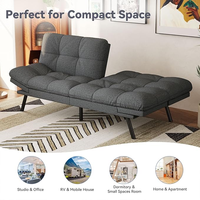 Vyfipt Convertible Futon Sofa Bed 71 Memory Foam Futon Couch with DetachableAdjustable BackrestLinen Fabric Folding Small Loveseat Sleeper for for Living RoomRVOfficeApartmentLight Grey