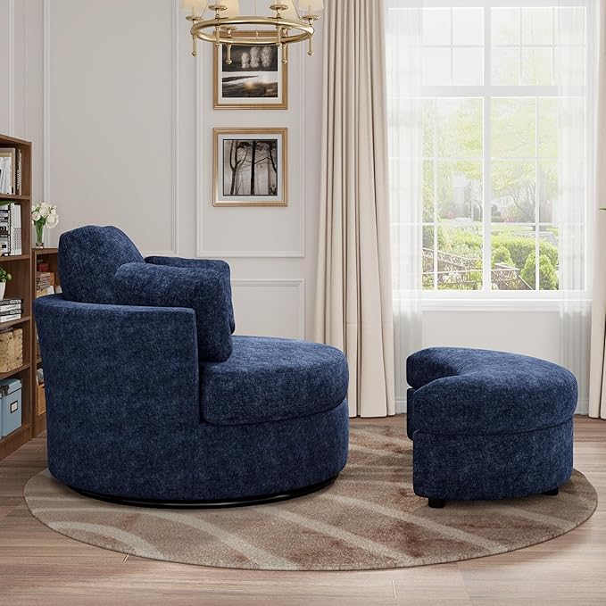 Oversized Swivel Chair and A Half with Ottoman Cozy Round Circle Chair Modern Big Comfy Accent Barrel Chairs with Pillows Comfy Chaise Lounge Adults Reading Armchair for Living Room Bedroom Navy