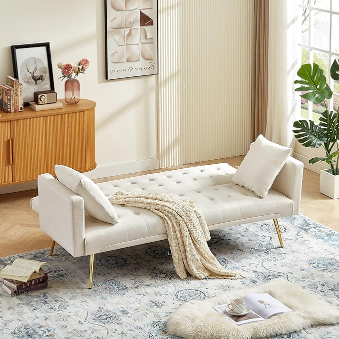 72Modern Velvet Sofa Bed FutonConvertible Folding Sleeper Bed Couches with 3 Adjustable BackrestsTufted Recliner Loveseat with Golden Chrome Legs for Small Living Room Office (Beige+buttons tufted)