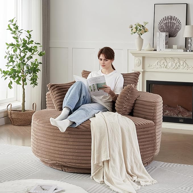 KEIKI 55 Oversized 360 Degree Swivel Chair Large Barrel Chairs Upholstered Round Swivel Chair Corduroy Single Sofa Armchair Sleeper Chair for Living Room Lounge Brown