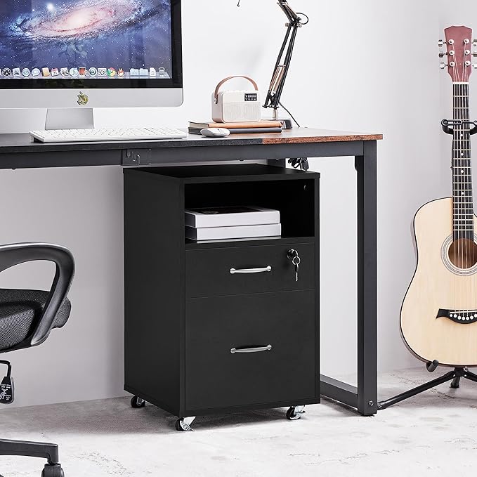 Topeakmart File Cabinet Movable Vertical Filing Cabinet with 2-Drawer and 1-Open Shelf Mobile Letter File Storage Oragnizer Lateral File Srorage on Wheels for A4/ Legal/Letter Black